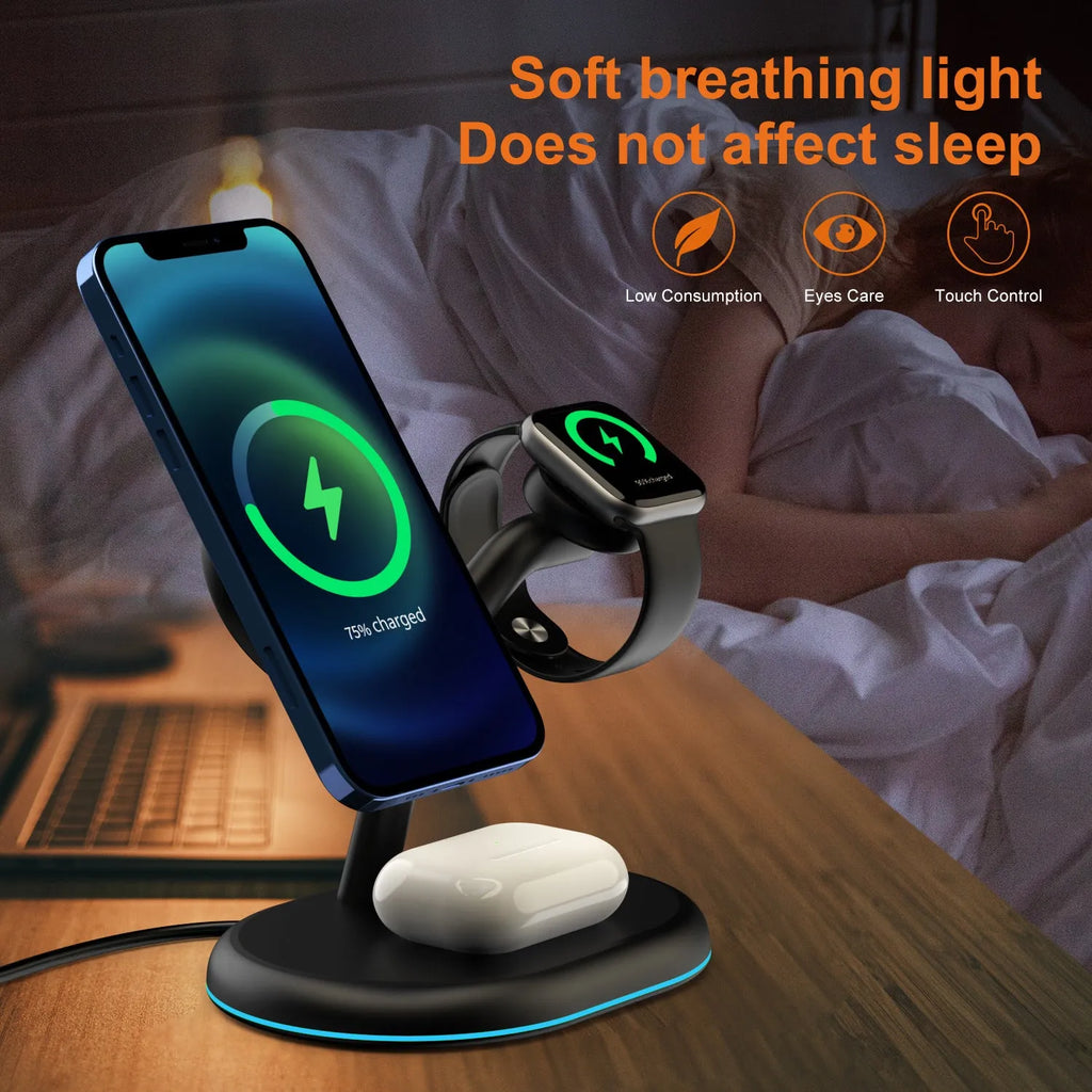 Black ABS magnetic wireless charger with three-in-one design for mobile devices