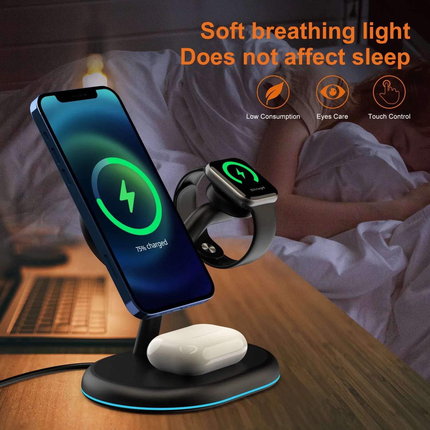 Black ABS magnetic wireless charger with three-in-one design for mobile devices