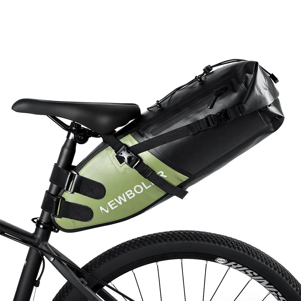 Waterproof PVC tail bag for bicycles and motorcycles in yellow, black, or green.