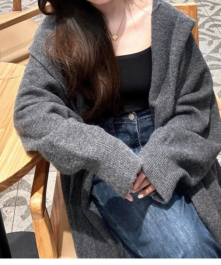 Korean style long below-knee hooded cardigan for women in a loose fit, shown in beige.