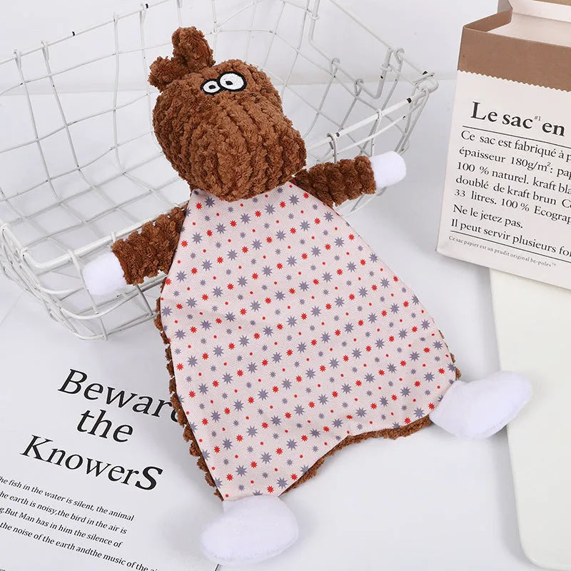 Pet stuffed toy showing fox, elephant, and dinosaur designs in brown, grey, and orange colours with soft velvet material