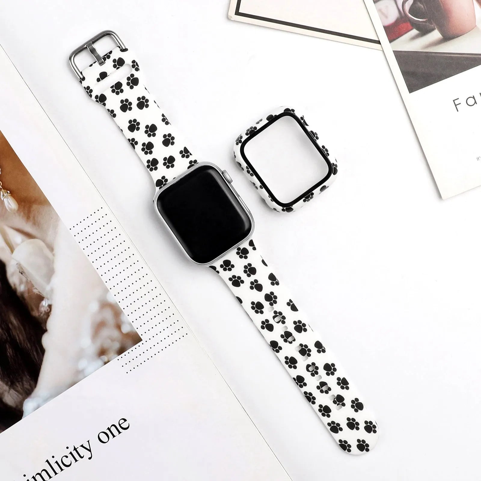 Printed silicone replacement strap for Apple iWatch models showing multiple design options and size selections.