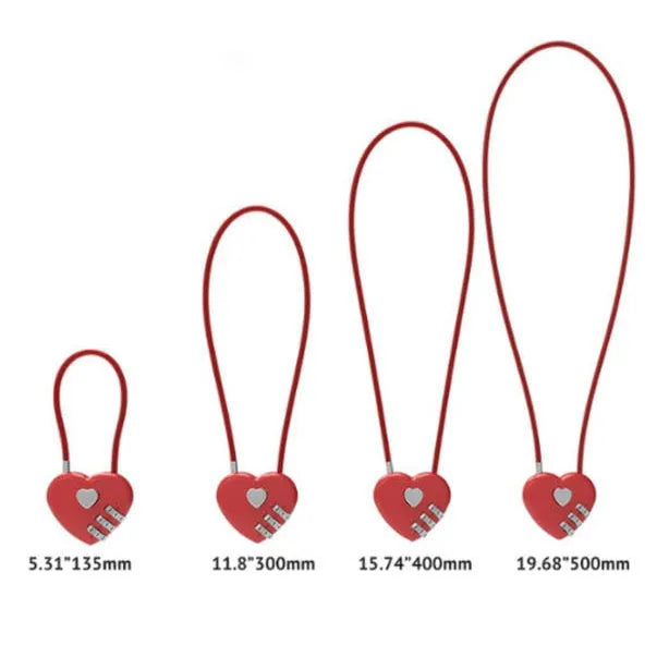 Peach heart shaped wire rope lock for bicycle helmets in various colours and steel cable lengths