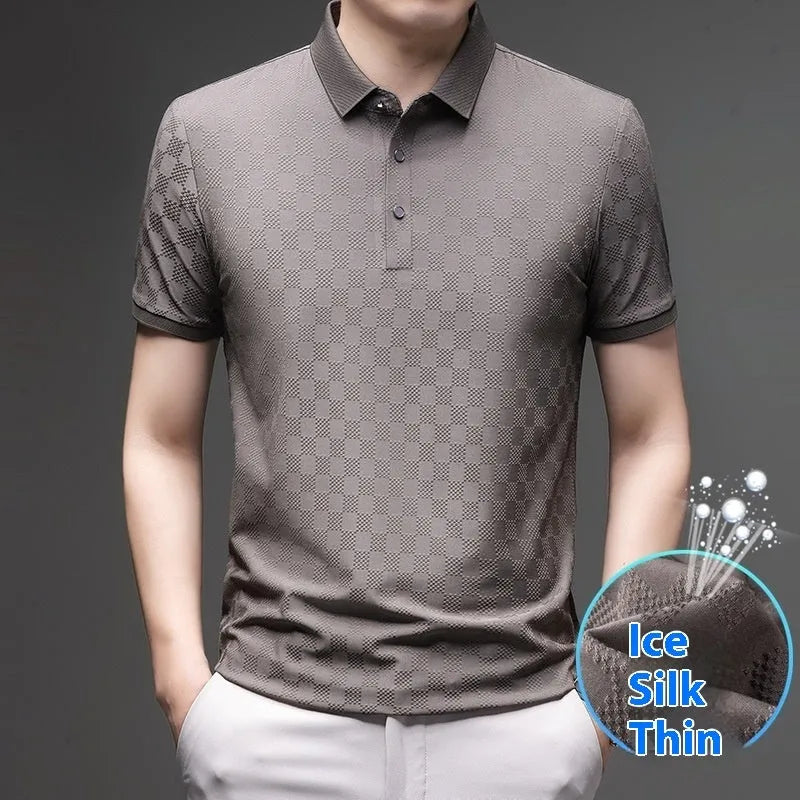Black thin ice silk T-shirt with a rhombus pattern, short sleeves, and a side slit hem detail.