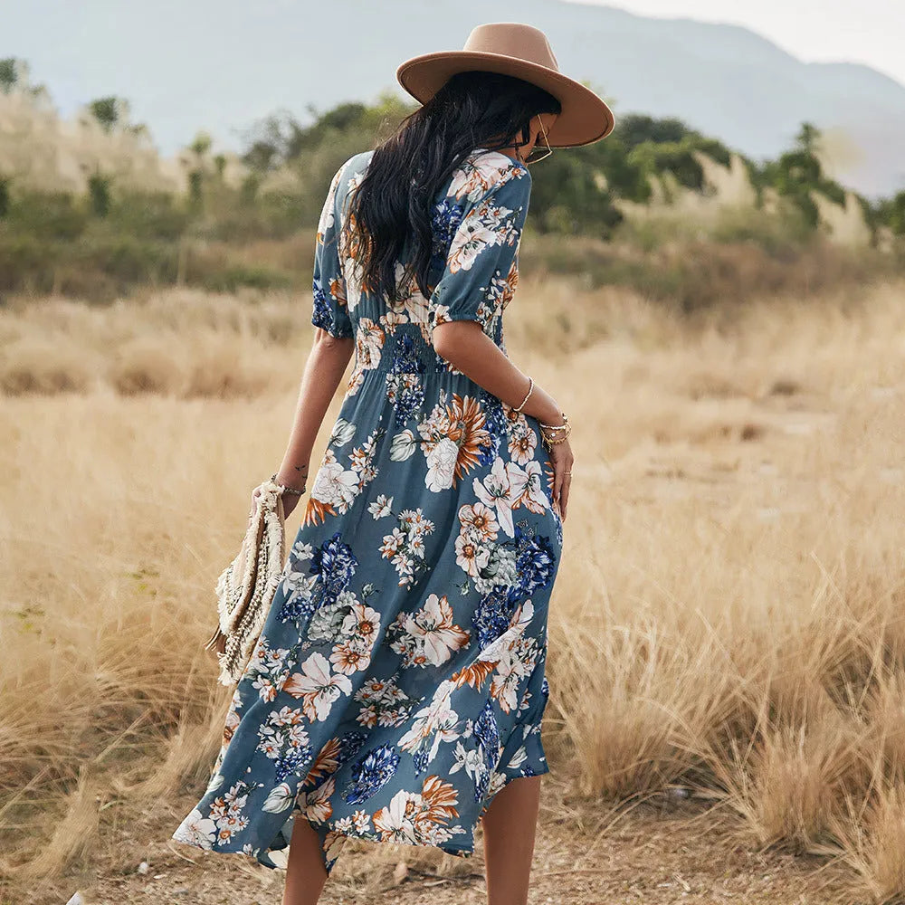 Women's floral print summer dress with V-neck and elastic waist in yellow, black or blue