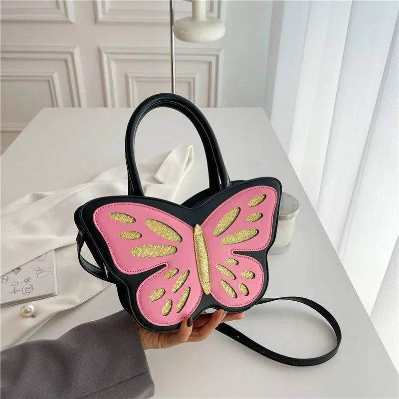 Square-shaped ladies crossbody bag in black with contrast colour detailing showing dimensions.