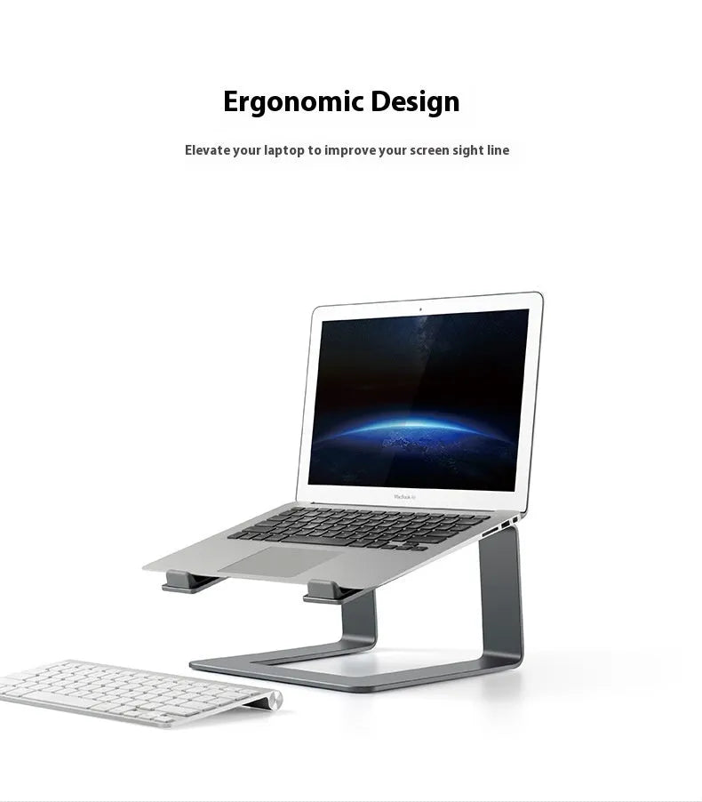 Aluminium alloy laptop stand in black or silver measuring 29.9 x 25.8 x 18.5 cm on a desk
