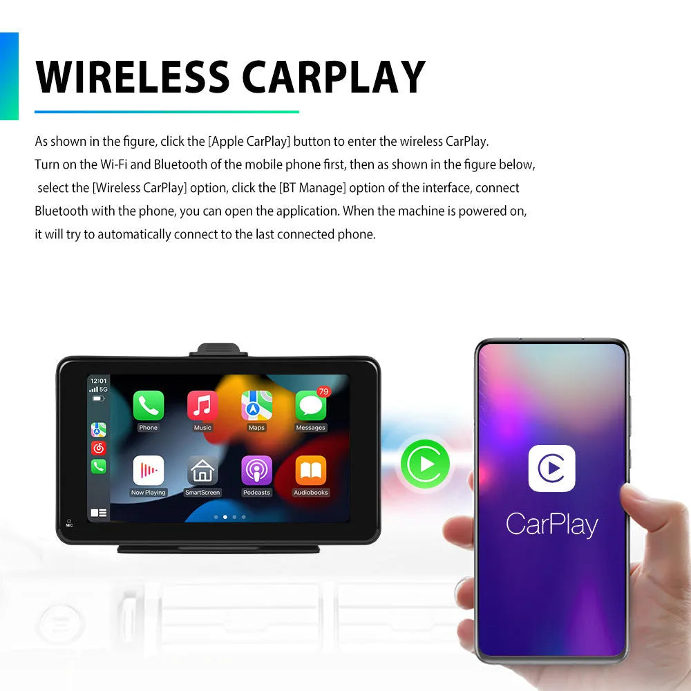 7inch HD wired car media player with suction cup mount and auxiliary cable on vehicle dashboard