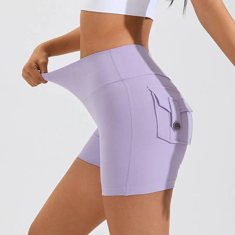 Women's high-waisted hip lifting shorts with pockets in quick-dry nylon fabric