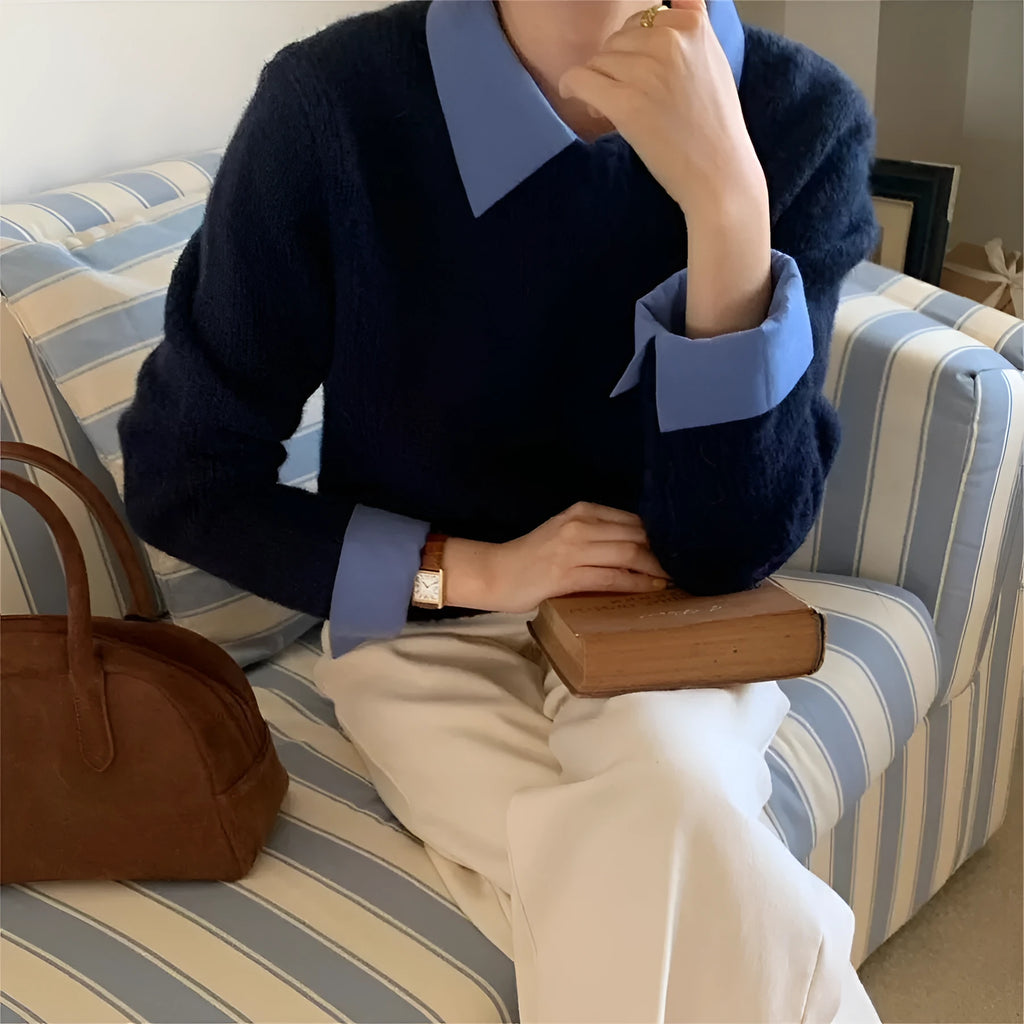 Idle Style contrast color lapels knitwear top for women, free size long sleeve polyester top in navy blue