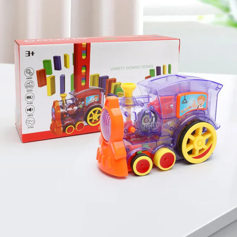 Domino train toy with 100 plastic dominoes in random colours, including toy train and card storage box