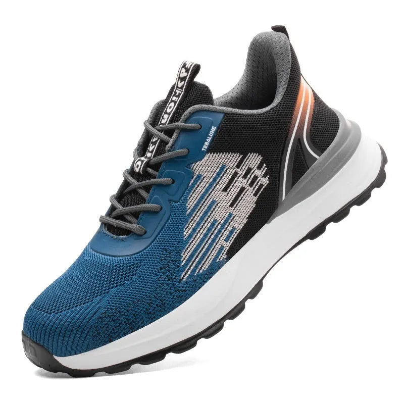 Blue men's low-top lace-up safety work shoes with mesh upper and plastic toe cap on a non-slip sole.