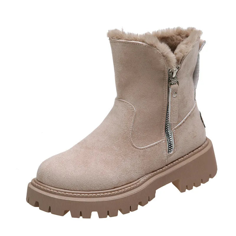 Women's black high-top snow boots with a side zipper and faux suede upper on a rubber sole.