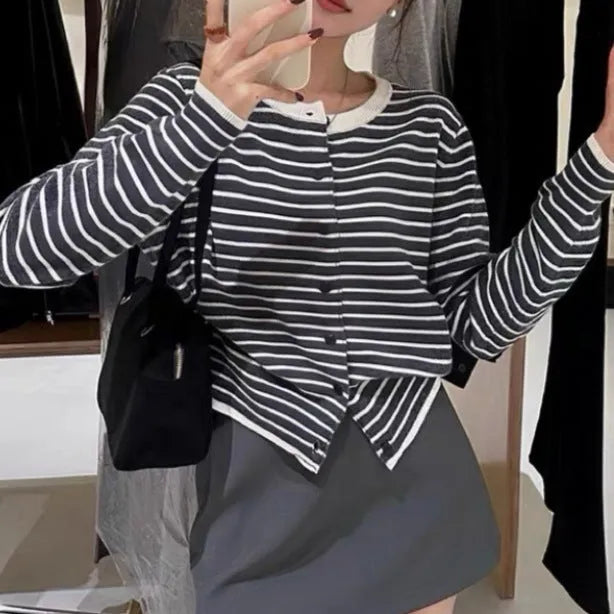 Dark grey and white striped women's viscose cardigan coat with a slim fit and short length.