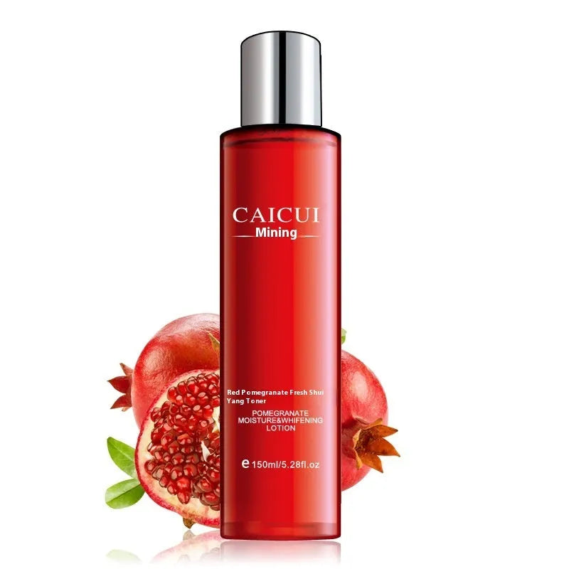 Red packaged pomegranate skincare set containing face wash, toner, lotion and facial cream bottles.