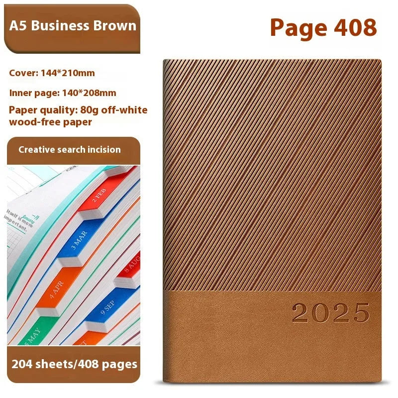 A5 business notepad with striped PU leather cover open on 80g wood-free paper, showing one of eight colour options.