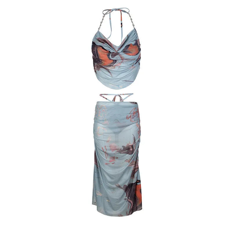 Blue women's three-piece bikini set with chain split design and quick-drying fabric