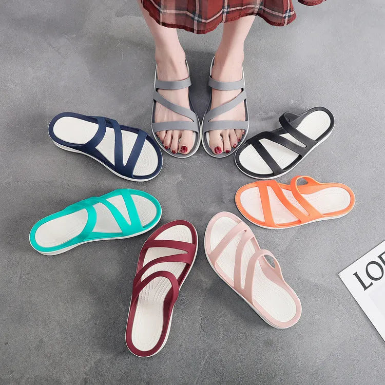 Women's solid-colour summer sandals in breathable PP material, shown in red, purple, blue, black, gray, or pink.