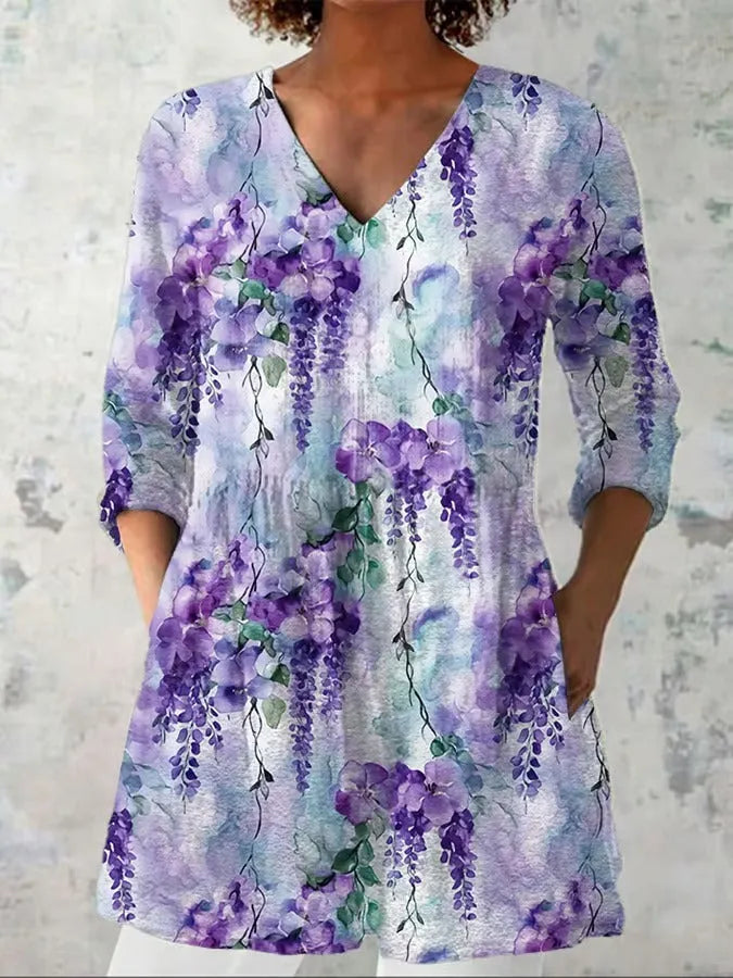 Women's retro slim fit printed long-sleeved top in polyester fabric with digital printing design
