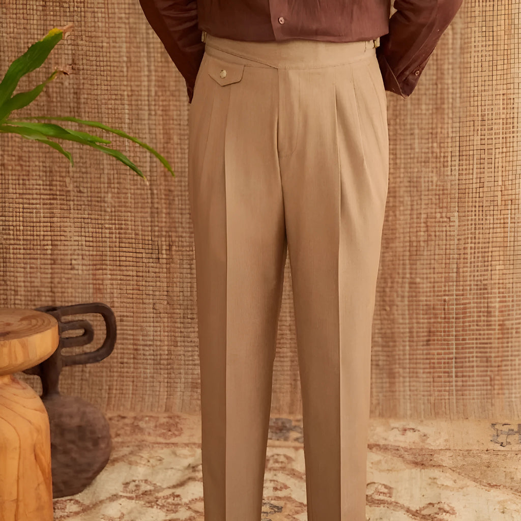 Men's slim fit straight leg trousers in dark grey, light brown, or light apricot, made from wrinkle-resistant polyester fabric.
