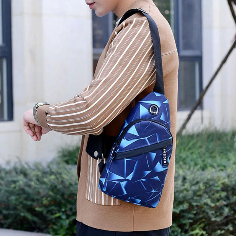 Men's print sling chest bag with earphone hole, Oxford cloth construction, showing front view with zipper opening