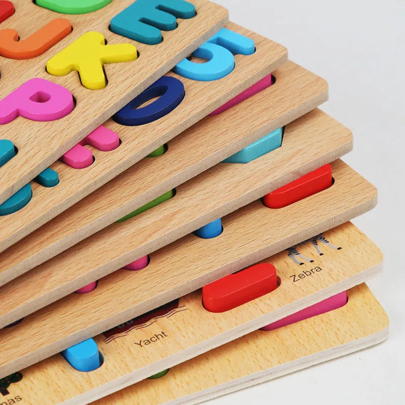 Wooden children's numbers puzzle letters cognitive pairing building block toy in C Shape colour with blister packaging