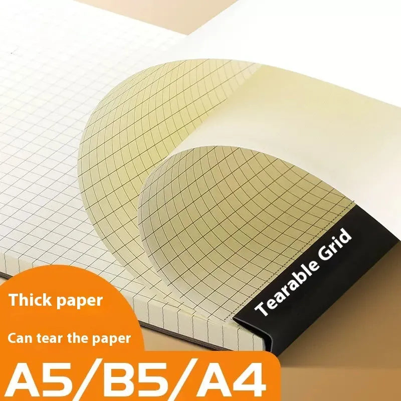 Set of A5, B5 and A4 writing pads with blank, grid and lined paper options showing tearable pages