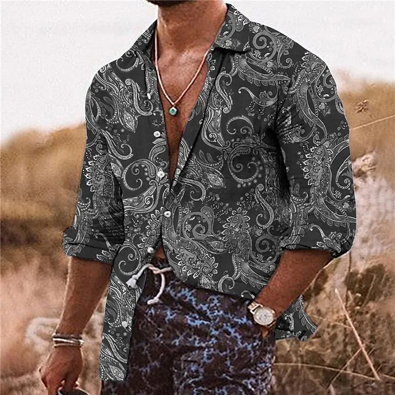 Men's loose fit long sleeve shirt with a colourful 3D floral digital print pattern.