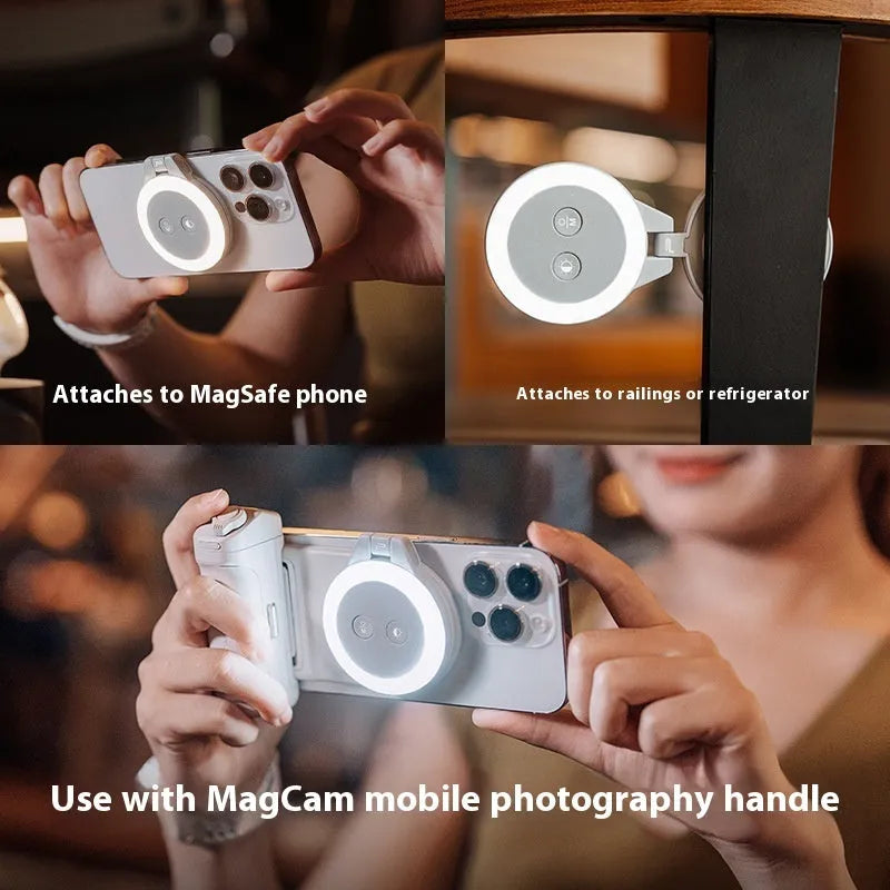 Magnetic portable mobile phone fill-in light in classic black, 13.5x11.8x3.7cm, Type-C charging port visible