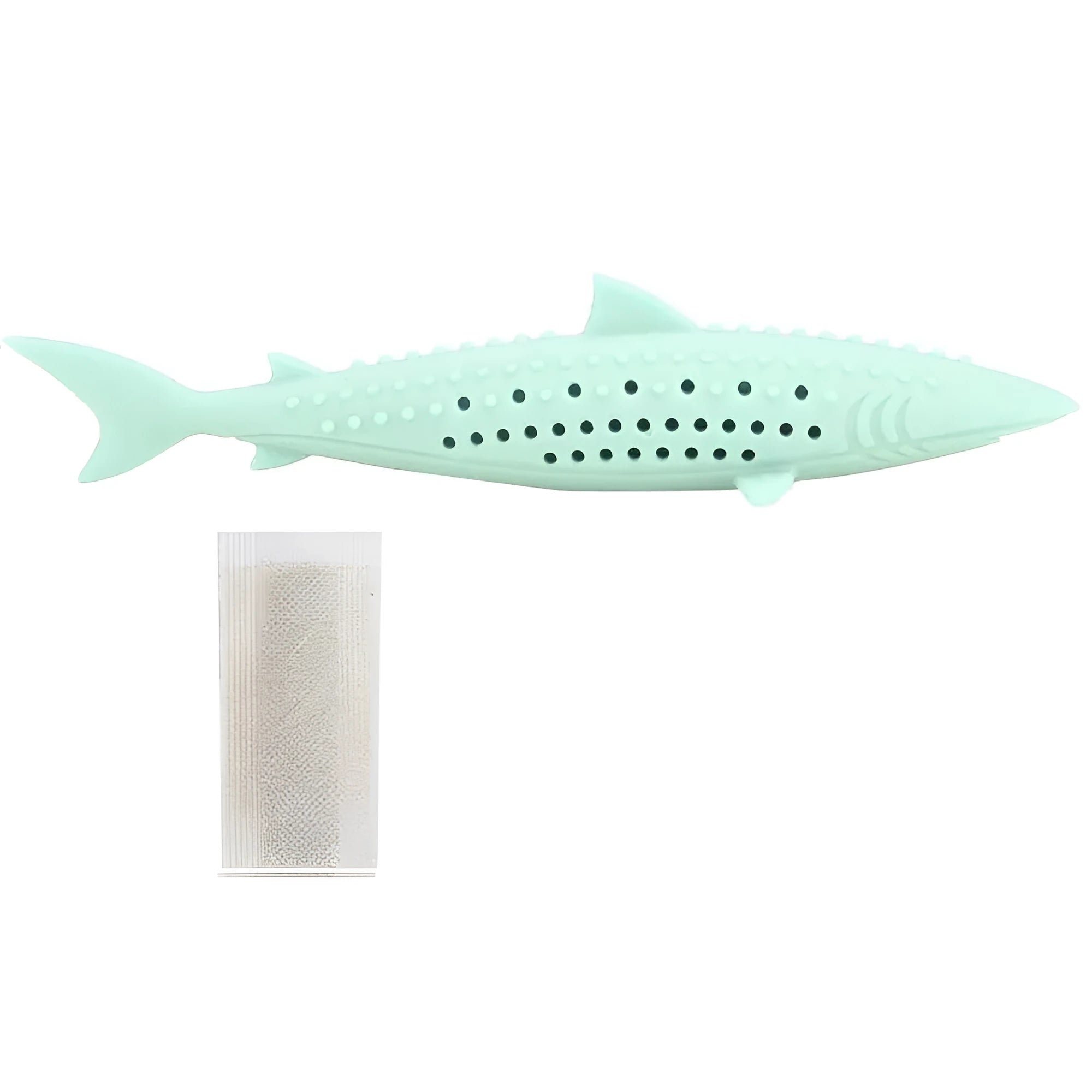 Green silicone fish-shaped interactive chew toy for cats with breathable side holes