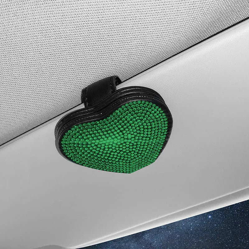 Diamond-encrusted PU leather car sun visor clip with magnetic closure for storing glasses and tickets.