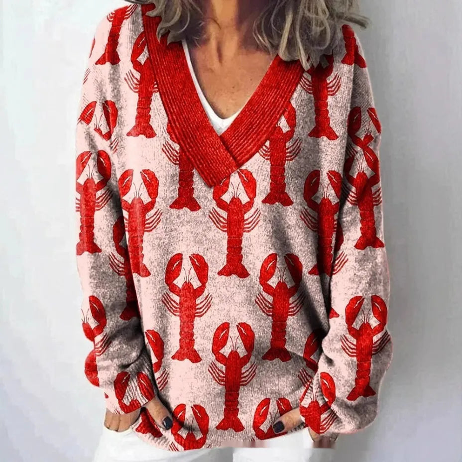 White women's V-neck long sleeve sweatshirt with a detailed 3D floral pattern print.