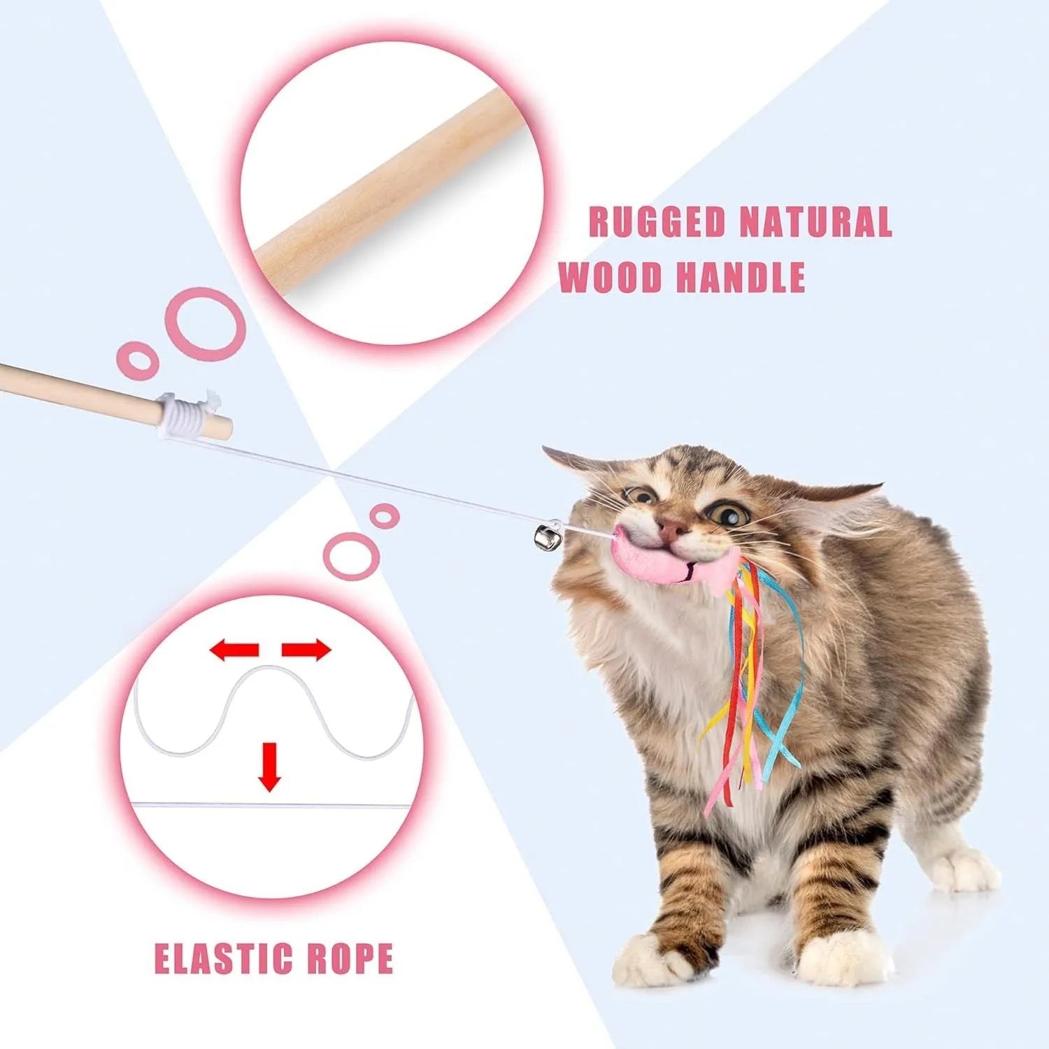Wooden handle cat wand toy with catnip fish, ribbons and bell attachment in blue colour