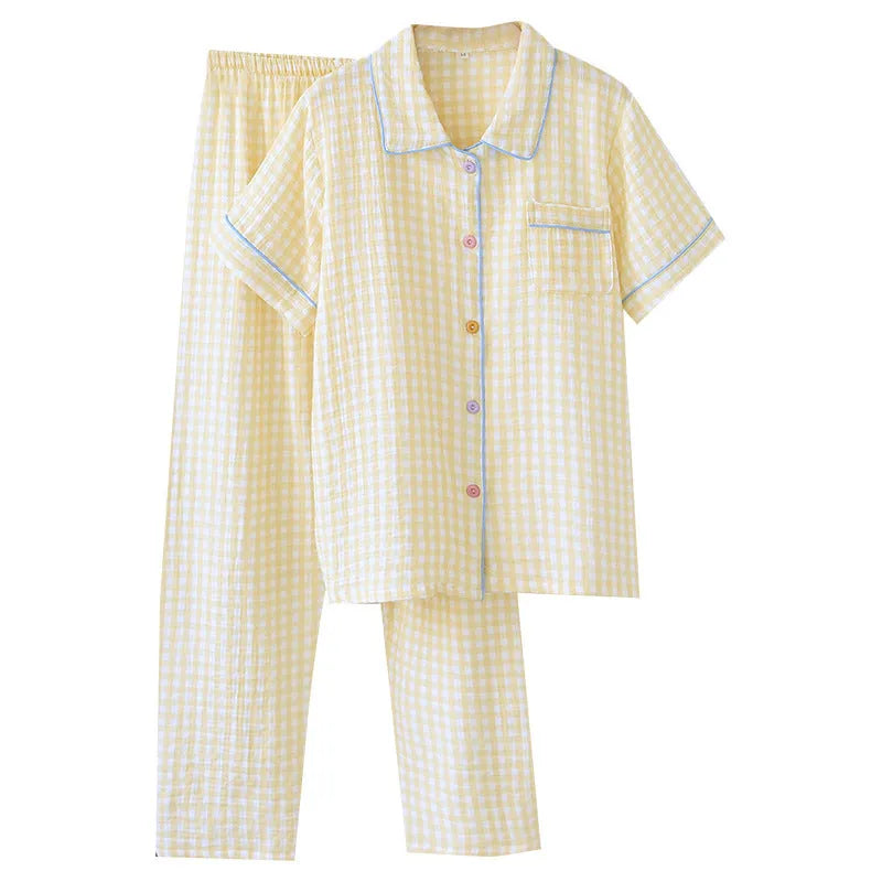 Women's loose-fitting short-sleeved cotton gauze trouser outfit in Flower Sea pattern for summer.