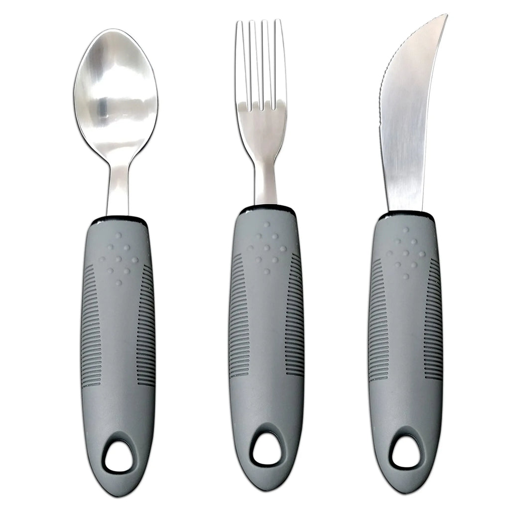 Adaptive cutlery set with stainless steel utensils and rubber grip handles for hand tremor assistance