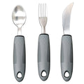Adaptive cutlery set with stainless steel utensils and rubber grip handles for hand tremor assistance