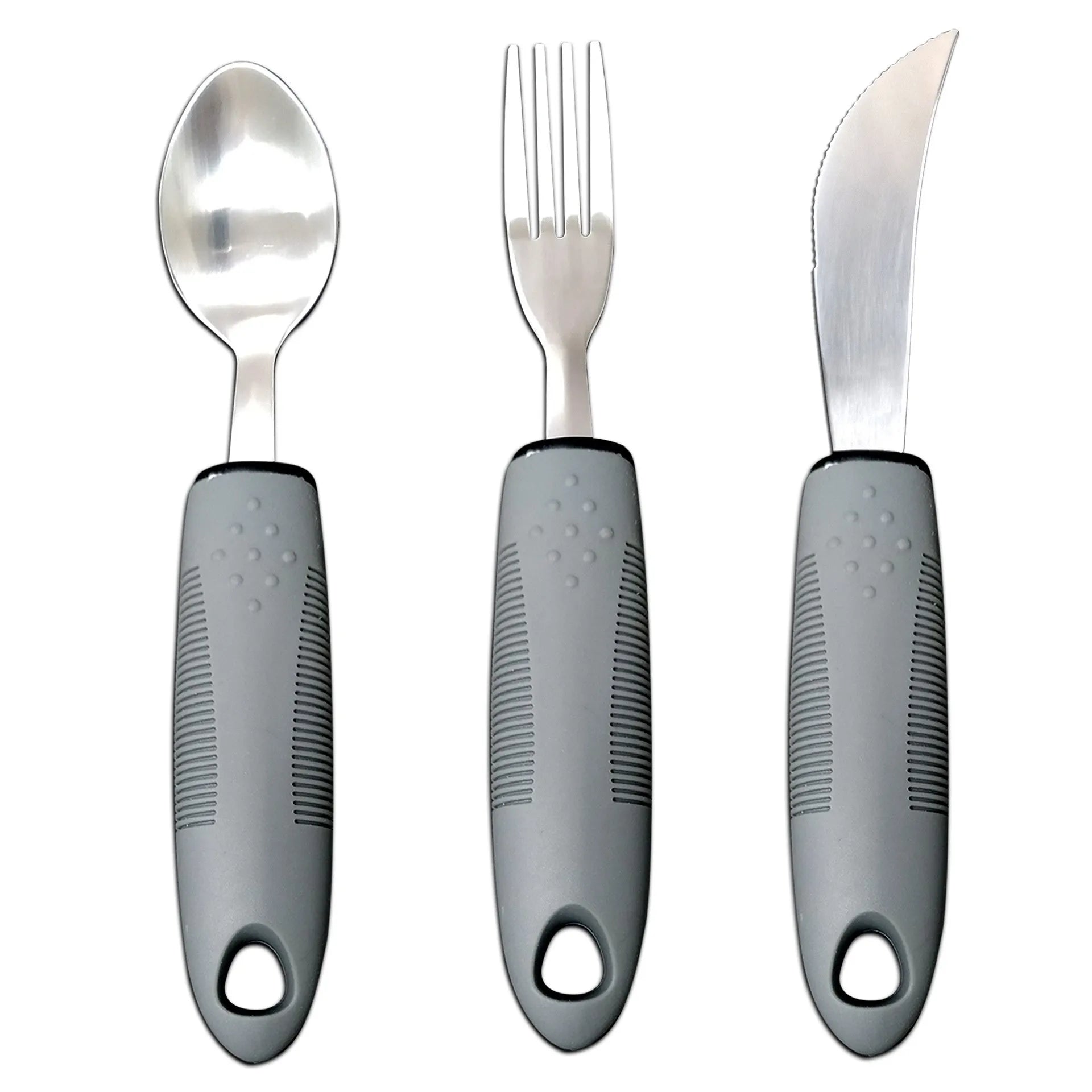 Adaptive cutlery set with stainless steel utensils and rubber grip handles for hand tremor assistance