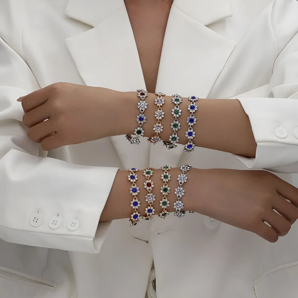Floral zinc alloy bracelet with electroplated gold or silver finish and gemstone colour variants