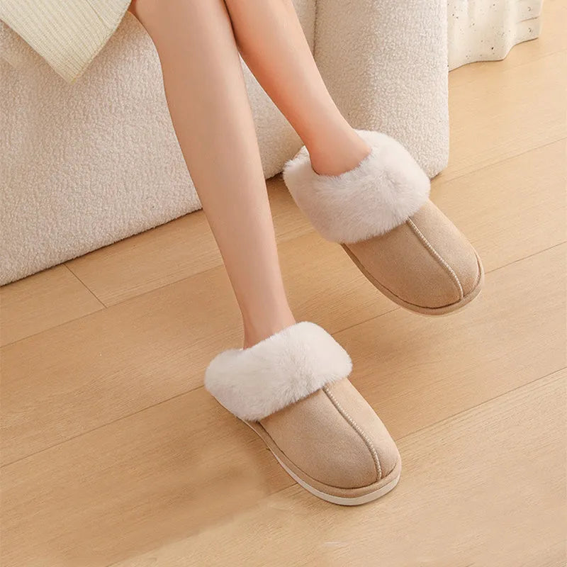 Women's plush winter slippers with round toe, flat heel, and PVC anti-slip sole