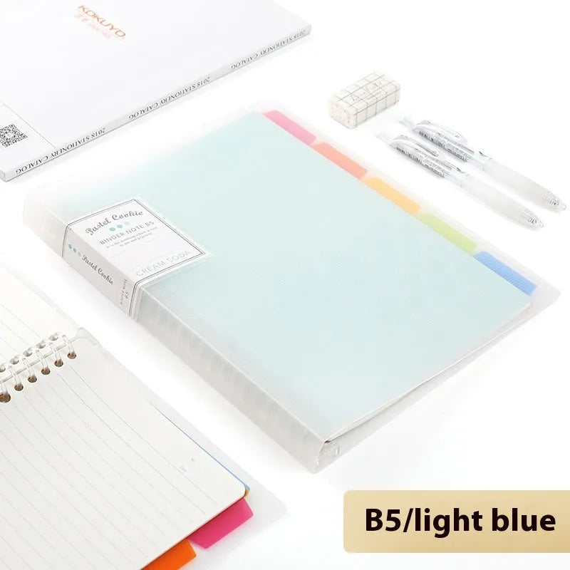 Loose-leaf spiral notebook with PP cover open, showing raw wood pulp pages in A5 or B5 size.