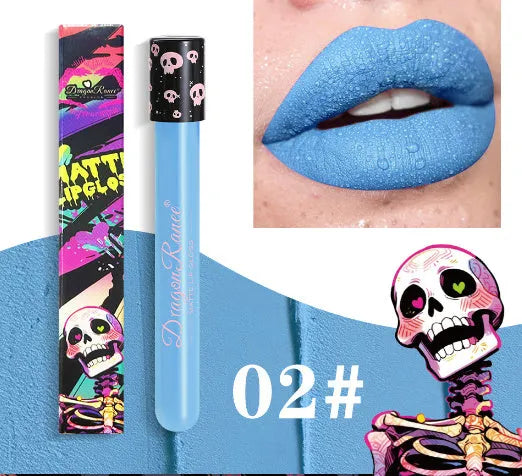 Halloween skull test tube containing gold and silver matte lip gloss for waterproof costume makeup.