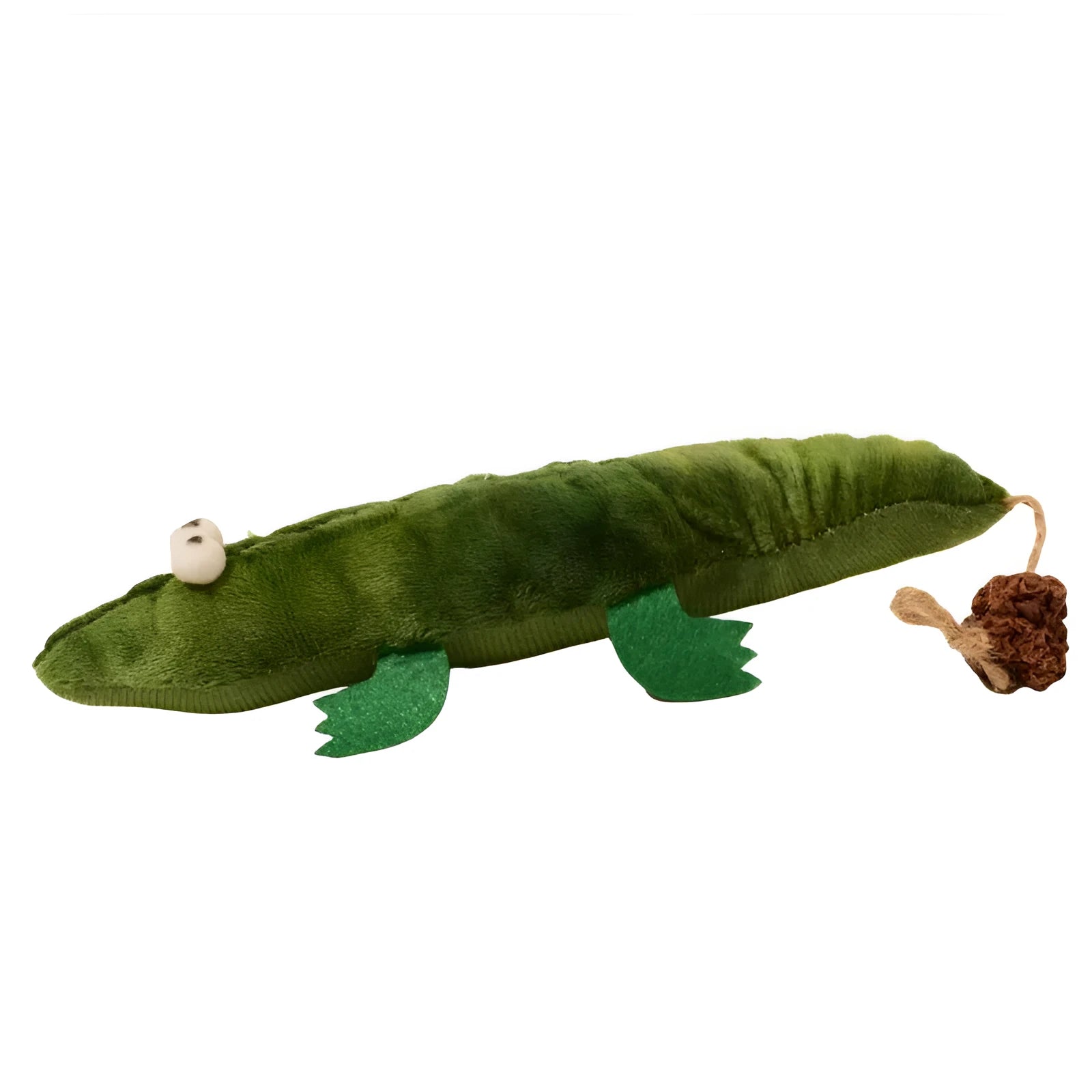 Green plush alligator catnip toy with plant-based filling for feline oral cleansing and stress relief