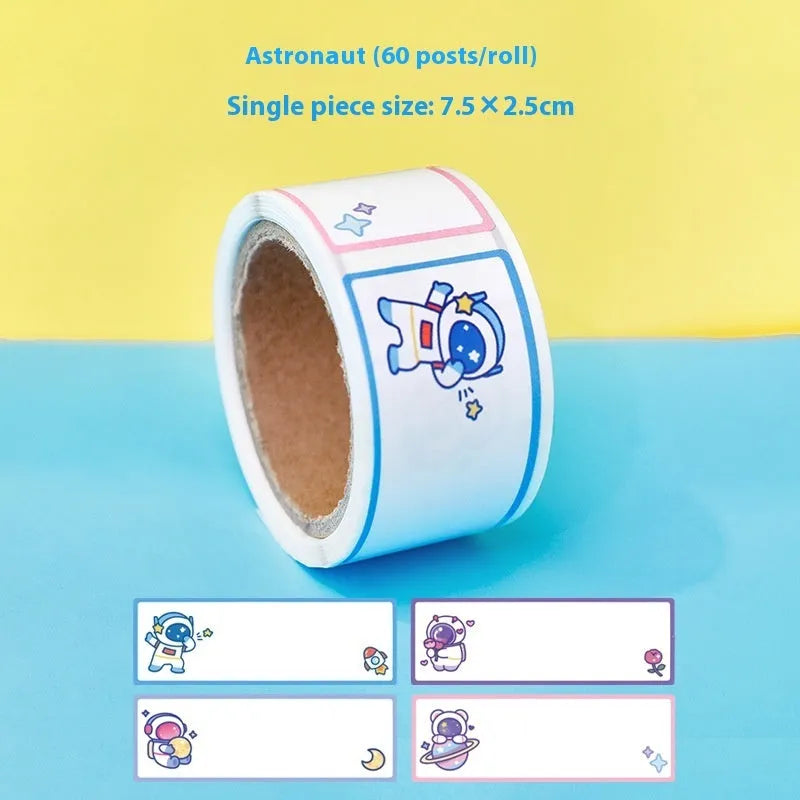 Roll of colourful cartoon name tape stickers showing Dinosaur, Astronaut, Rabbit, and Girl design options.
