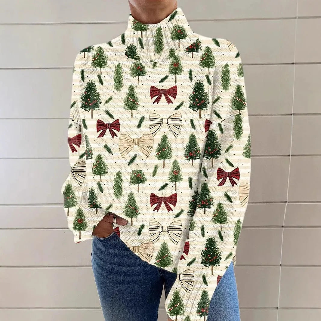 Women's loose fit Christmas printed turtleneck sweater in macaron colours with painting pattern design