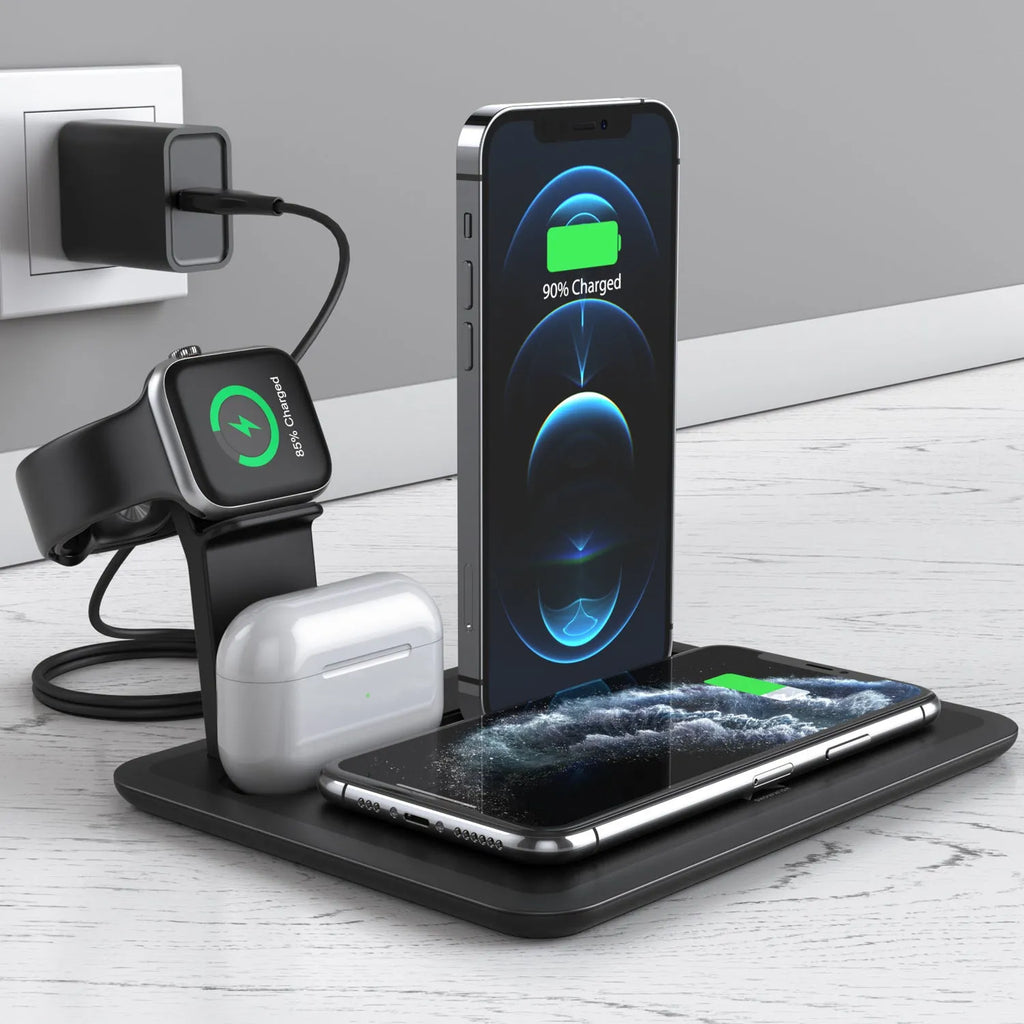 Black desktop wireless charging dock holding a phone, with ports for watch and headphone cables.