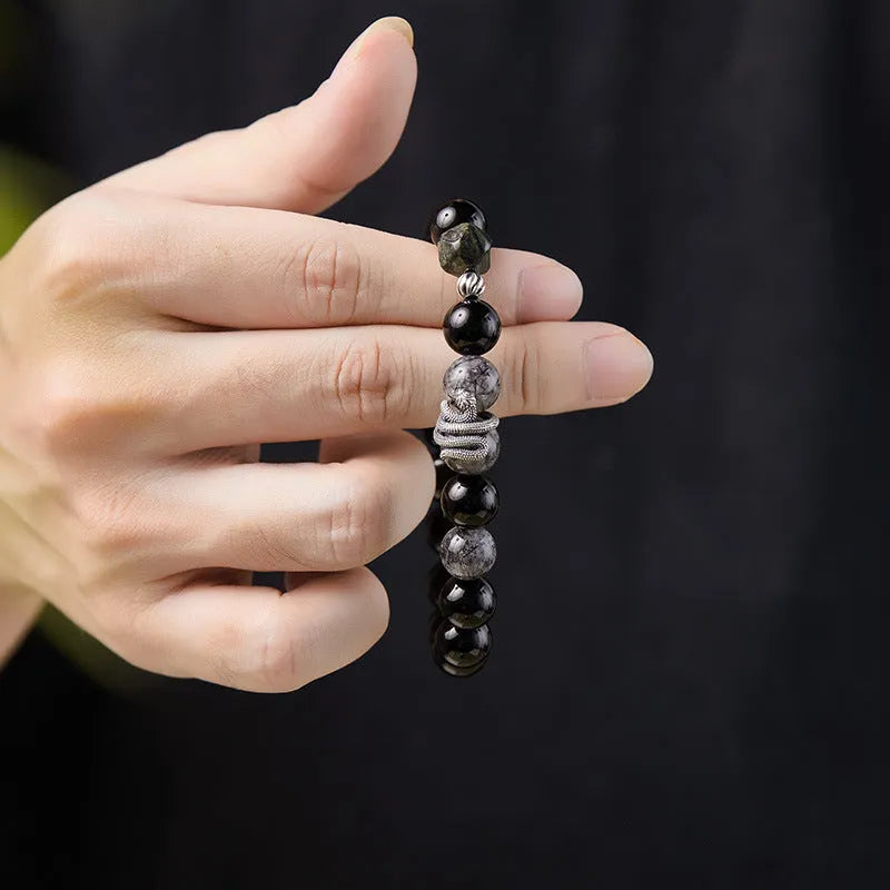 S925 sterling silver men's snake bracelet with obsidian black crystal hair design