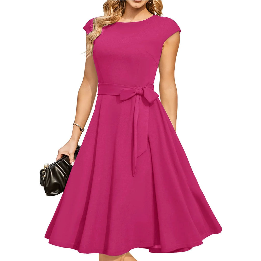 Sleeveless black formal dress with lace-up waist and oversized swing skirt