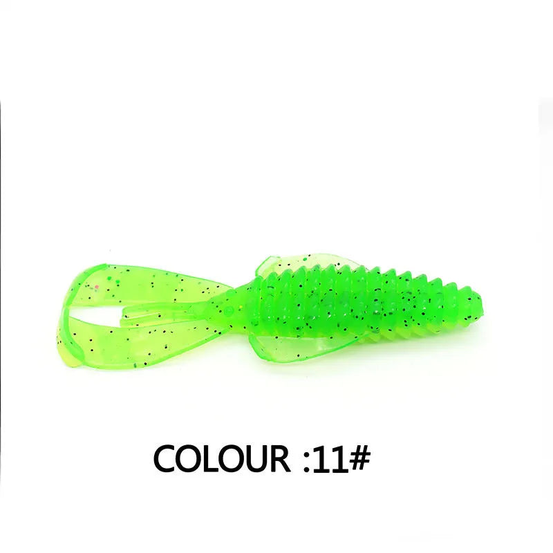 8cm PVC fishing soft bait lure in multiple colour variations against fishing tackle background