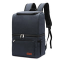 Blue insulated backpack with double-layer construction and refrigerated ice pack compartment open