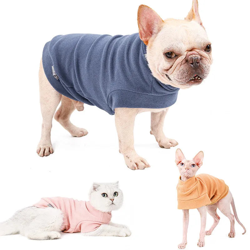 Simple warm pet clothes for hairless cats, rabbit plush sweater in light brown, blue, pink, leisure style